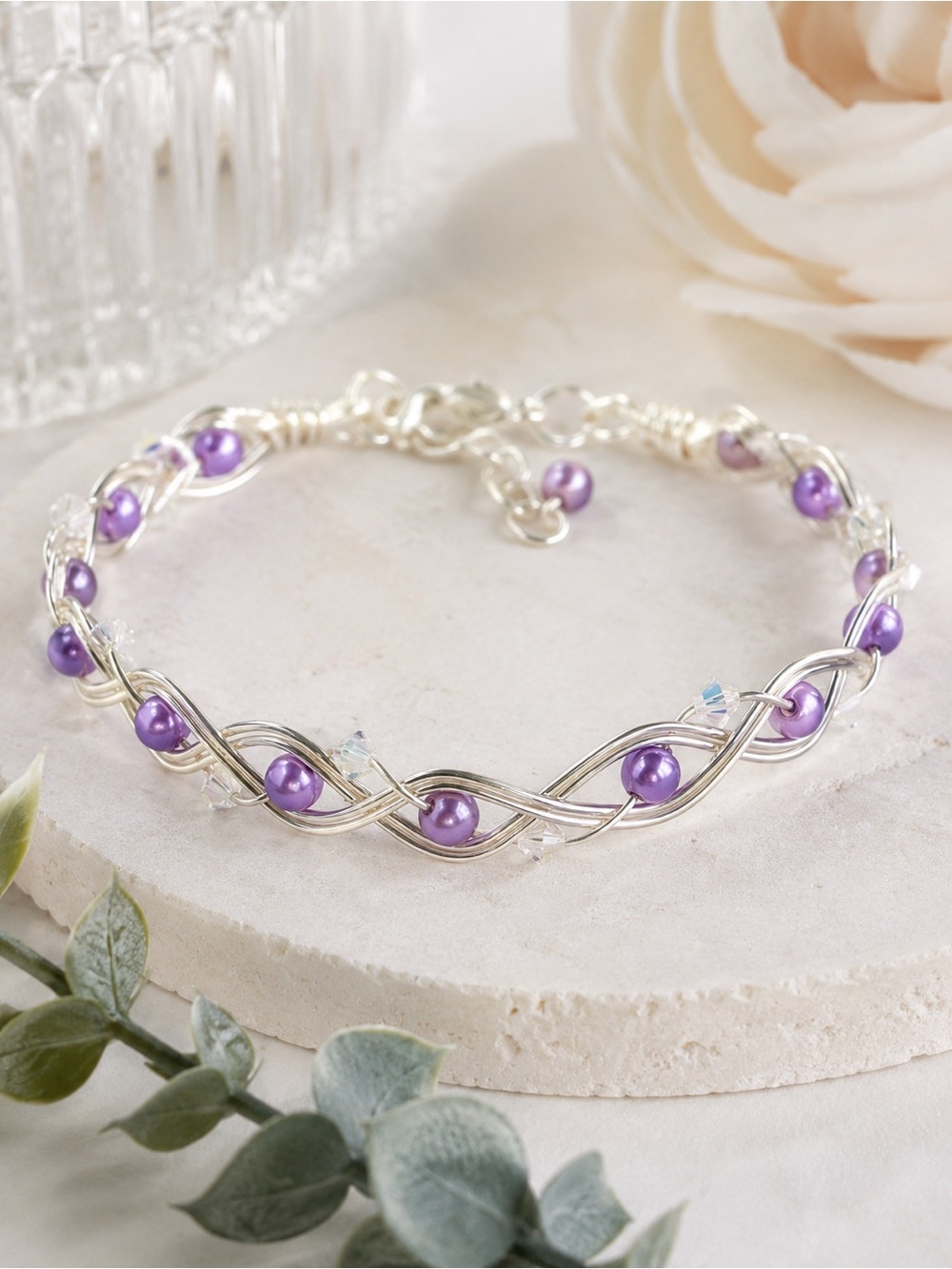 Hand Crafted Silver Wire Wrapped Bangle Bracelet with Purple Pearl